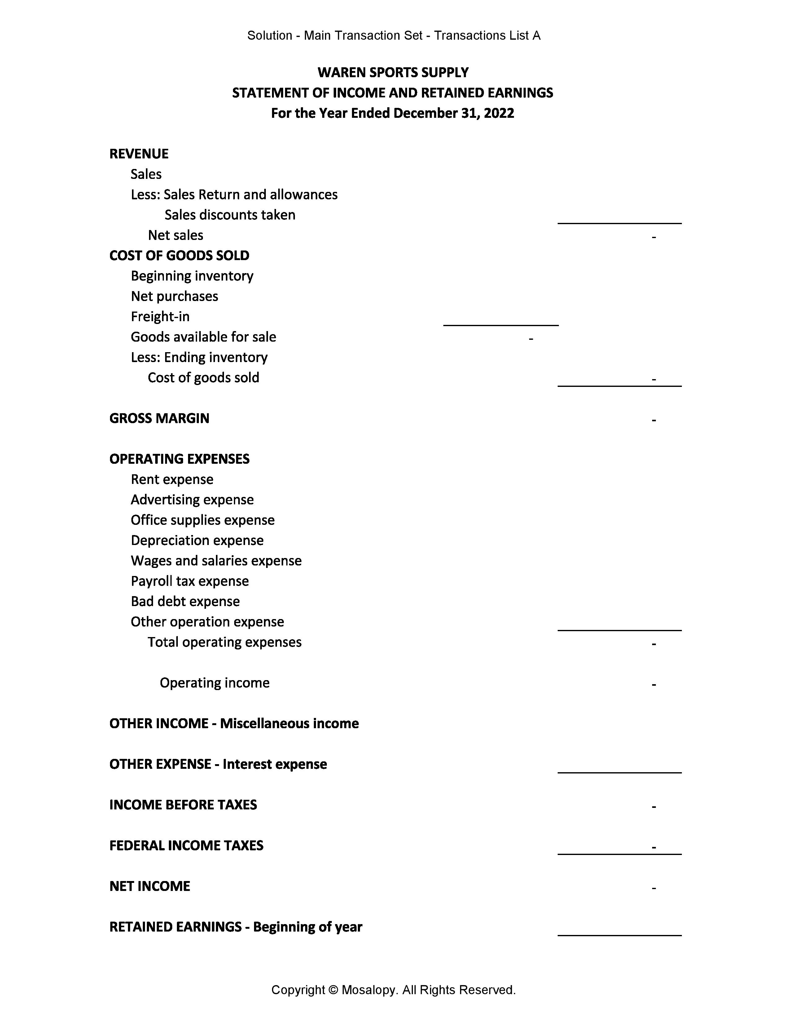 Solution Manual for System Understanding Aid 10th Edition Transaction List A - Profit And Loss